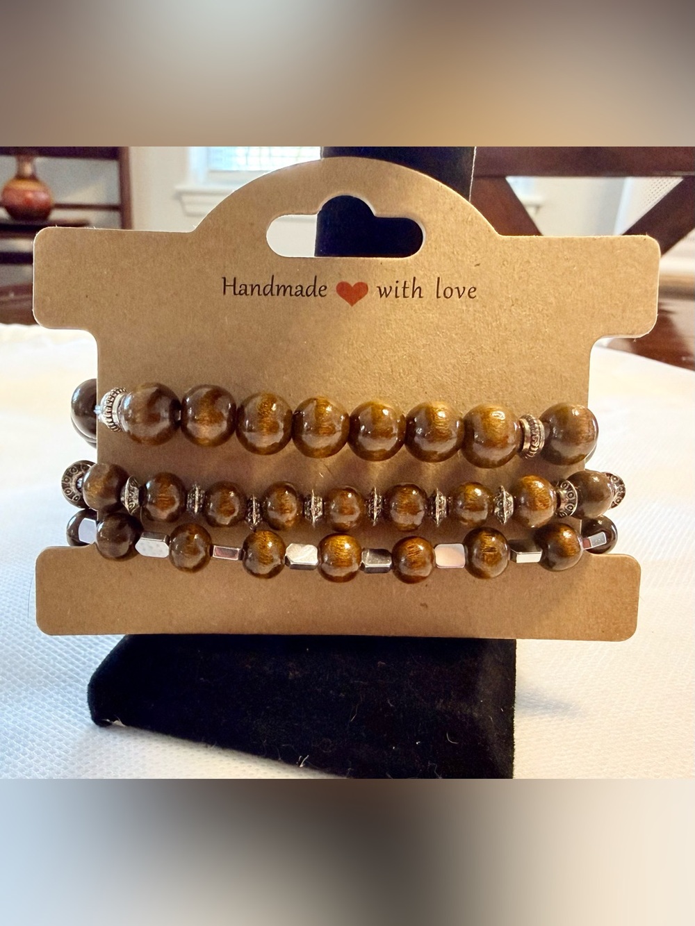 Handmade Wood Bead with Silvertone Accents Bracelet Set (3)
